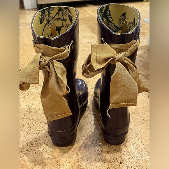 Joules Evedon Womens Short Rain Boots Gloss Burgundy  w/ Yellow Ribbon 7 US - Picture 12 of 16